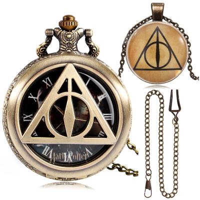 China Antique Gifts Triangle Accessory Cavity The Deathly Hallows Relogio Quartz Pocket Watch Set Men Women Necklace Pendant Chain Watches for sale