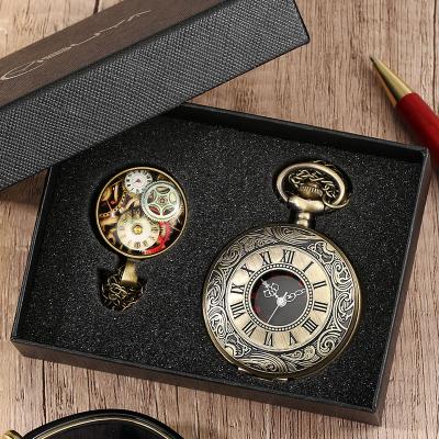 China Antique Wedding Gift Set Quartz Watch Black Face Classic Bronze Roman Numeral Dial Reloj De Bolsillo Vintage Roman Lid Pocket Watch for sale