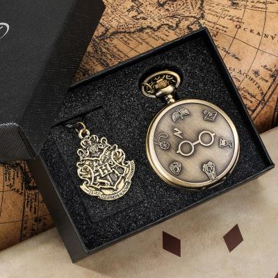 China Retro Harajuku Lightning Glass Pendant Antique Bronze Harry Academy Necklace Sweater Chain Pocket Watch FOB Gifts Set For Women Men for sale