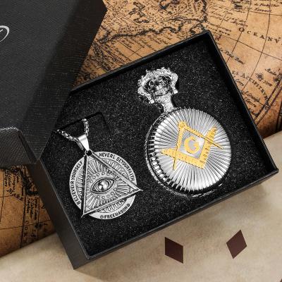 China Freemasonry Freemason Theme Alloy Gold Antique Cool Silver and Gold Quartz FOB Pocket Watch with Necklace Chain Free Drop Shipping for sale