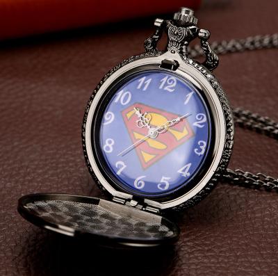 China Superhero Symbol Chain Clock Vintage Pendant Pocket Watch Antique Necklace Christmas Clock Birthday Gifts For Boys Kids Mens for sale