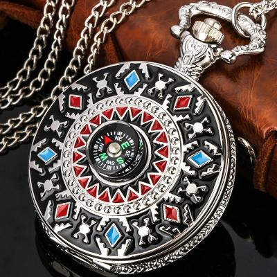 China Antique Factory Directly Fashion Pocket Clock Pendant Gifts Antique Western Cowboy Silver Necklace Pocket Watch With Copass for sale