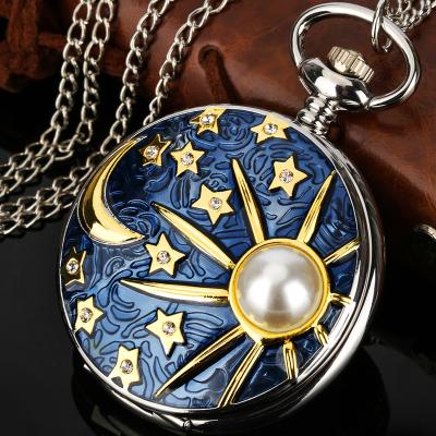 China New Vast Universe Sky Theme Moon Star Moon Display Design Necklace Antique Starry Chain Gift Pendant Pocket Watch With Pearl for sale