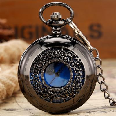 China Roman Numerals Retro Timepiece Quartz Case Quartz Pendant Bronze Hollow Pocket Watch Exquisite Antique Starry Blue Dial Gift Souvenir for sale