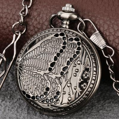 China Steampunk Antique Vintage Round Dial Arabic Numerals Chain FOB Classic Hollow Butterfly Show Retro Black Quartz Pocket Watch for sale