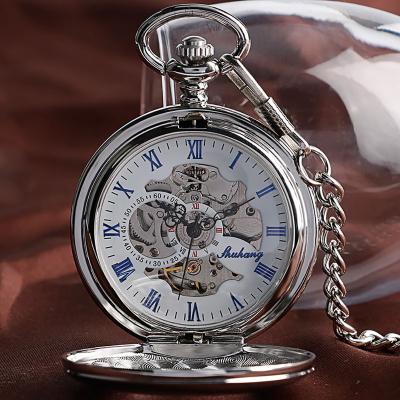 China Antique Fashion Metal Alloy Automatic Mechanical Pocket Watch Pendant With Chain FOB For Women Mens Smooth Silver Hollow Clock Relogio for sale