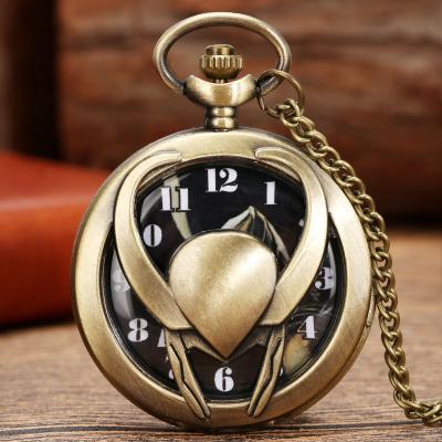 China Antique Bronze Hollow Pocket Watch With Exquisite Carving Craft 3D Cattle Head Modeling Modern Pocket Watches With 80Cm Necklace Chain for sale