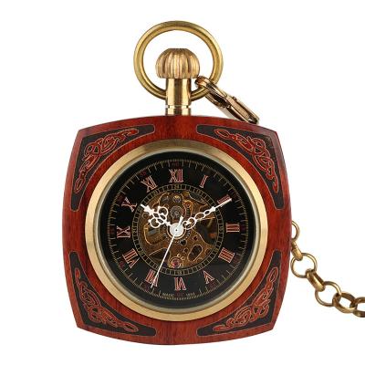 China Antique Automatic Royal Red Bamboo Wooden Vintage Pocket Watch Pocket Square Pocket Watch Gifts For Women Men for sale