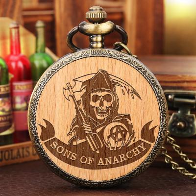 China Antique American Rider Skeleton Pocket Watch TV Series Theme Sons Logo Jewelry Anarchy Pendants Biker Skull With Chain for sale