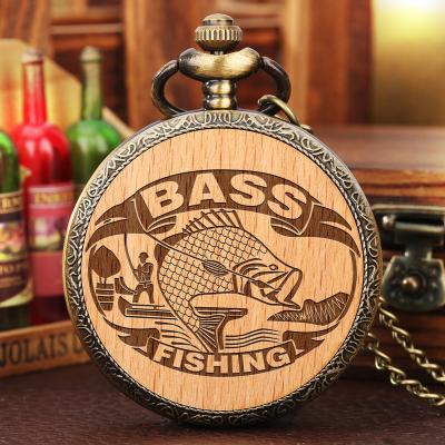 China Vintage Antique Bronze Interesting Design Angling Clock Fishing Carving Design Wood Slice Quartz Pocket Watch With Chain Pendant for sale