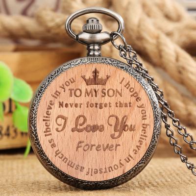 China Gifts Antique Unique Necklace Family Pendant Clock To My Son Engraved Pocket Watch With FOB Chain for sale