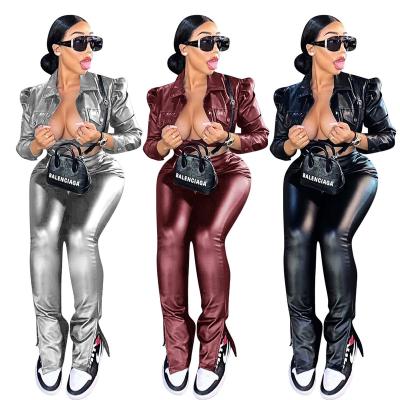 China Anti-pilling BAZAI Amazon 2021 new autumn women clothes 2021 two-piece pants set women set kadin shine PU leather women two-piece set clothes for sale