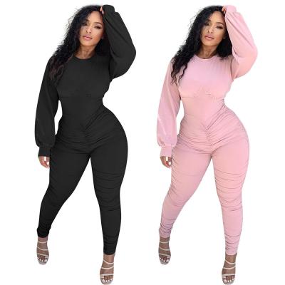 China Anti-wrinkle BAZAI Amazone 2021Solid color fall 2021 women clothes chic ruched Spandex overalls jumpsuit casual sporty femm jumpsuit for sale