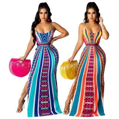 China BAZAI Good Quality 2021 Anti-Static Sexy Halter Printing Night Club Dress Women Split Maxi Dress for sale