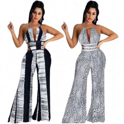 China BAZAI Anti-wrinkle print halter sexy woman one-piece jumpsuit 2021 summer wide leg women overalls and rompers for sale