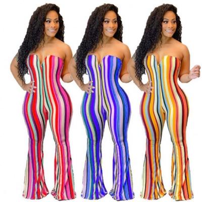 China BAZAI anti-wrinkle off the shoulder stripe women rompers 2021 summer clothes ladies jumpsuit women one piece overalls and rompers for sale