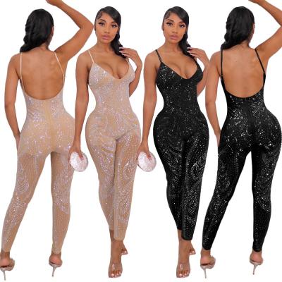 China BAZAI High Quality Anti-Wrinkle Women One Piece Jumpsuits Bodycon Party Tuta New Sexy See By Diamond Jumpsuit Net for sale