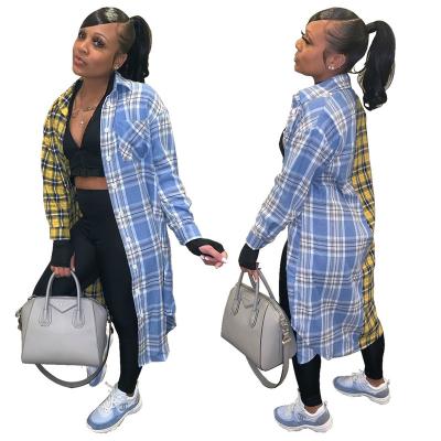 China BAZAI Anti-wrinkle newest women's lapel shirt double shirt long sleeve plaid cardigan lapel shirt clothes long shirt dress for sale