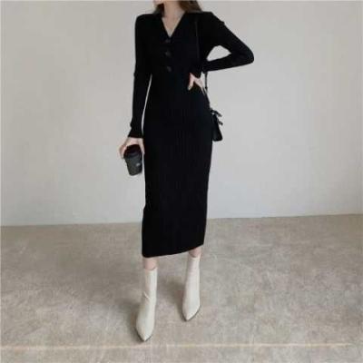 China Autumn Winter Women Plus Size Woolen V-Neck Knitted Elegant Ladies Dresses Long Sleeve Party White Casual Dress for sale