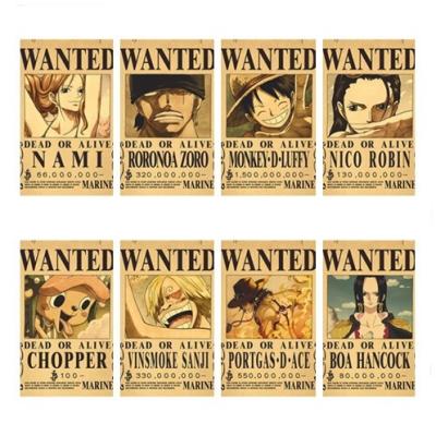 China paper & Hot Selling One Piece Cardboard Luffy Wanted Retro Series Cartoon Wafer Home Decoration Wrapping Paper Anime Poster for sale