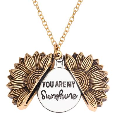 China TRENDY Stainless Steel Sunflower Chain Necklace You Are My Sunshine Can Open Double Sided Writing Pendant for sale