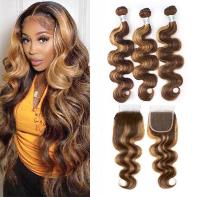 China Body Wave 4x4 Closure With Bundles Accent Bundles With Closure P4/27 Transparent Ombre Honey Blonde Body Wave Bundles With Closure for sale