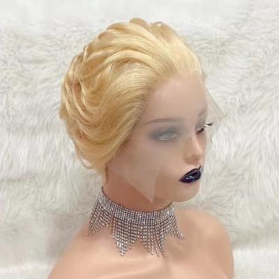 China Short Blonde Bob Pixie Cut Lace Front Wig Curly Pixie Curls Pre Plucked Bleached Color Pixie Cut Human Hair Wig 613 Pixie Cut Knots Wigs for sale