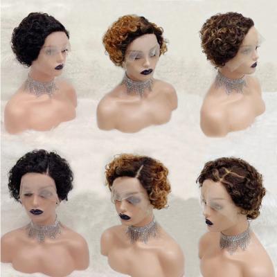 China Curly Wig Pixie Cut Wig Human Hair Bob Short Pixie Cut Lace Pixie Cut Wig Bleached Knots Lace Up T-part Frontal Pixie Wig With Baby Hair for sale