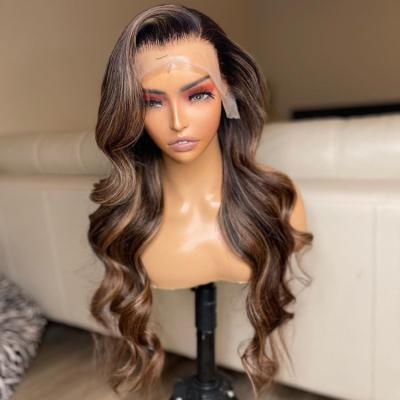 China Body Wave Highlight Wig Vendor Wholesale 1B Brown Ombre Hair Wig With Dark Roots Peruvian Virgin Human Hair HD Mink Lace Front Wig for sale