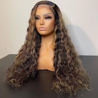 China Deep Wave 13x4 HD Transparent Lace Up Brown Highlight Wig , Brown Blonde Highlights Deep Wave Lace Front Wig For Black Women for sale