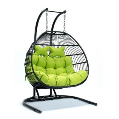 China Easy Collapsible Modern Green Cushions Double Seater Stand Outdoor Hanging Swing Chair for sale