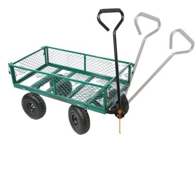 China Green Trailer Cart Portable Heavy Duty Metal Gardening Trolley with Four-wheel Design for sale