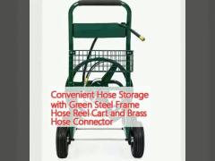 Convenient Hose Storage with Green Steel Frame Hose Reel Cart and Brass Hose Connector