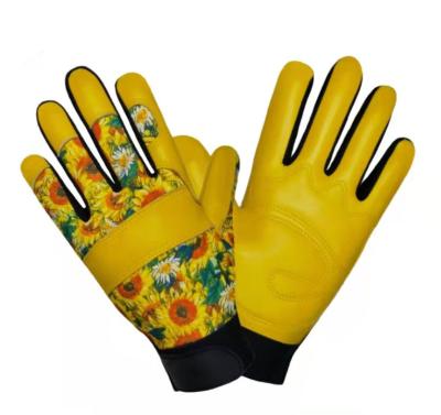 China Durable Yellow Cow Grain Leather Work Gloves Garden Protective Canvas Safety Gardening Gloves for sale