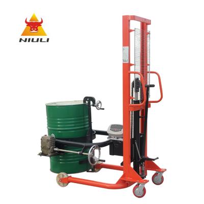 中国 NIULI Industrial Sized Material Handling Equipment Barrel Oil Drum Trolley Manual Oil Drum Stacker Hydraulic Drum Lifter with Scale 販売のため