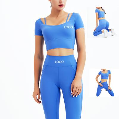 China Breathable in stock MOQ Soild color woman don't grow top T-shirts and butt crack! crack! lift gaiters yoga sets for sale