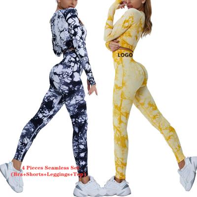 China Breathable Tie Dye Yoga Set Women Sportswear Tights Leggings Set Long Sleeve Seamless Top Yoga Two Piece Top for sale