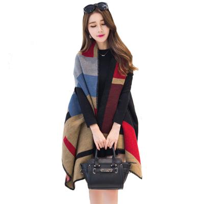 China Checked Trendy Women Knit Warm Winter Cashmere Poncho Wrap Thermal Shawl Fashion Cape For Women Pashmina Oversized Tartan Acrylic Scarf for sale