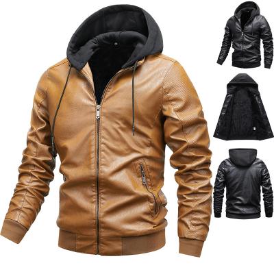 China Men's Collar Hooded Leather Jacket Windproof Casual Side Slit Pocket Zipper Leather Jacket for sale