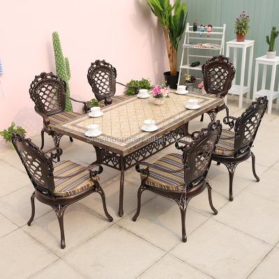 China Luxury Water Proof Cast Aluminum Garden Set Cast Aluminum Furniture Living Room Dining Set Metal Frame With Marble Table for sale