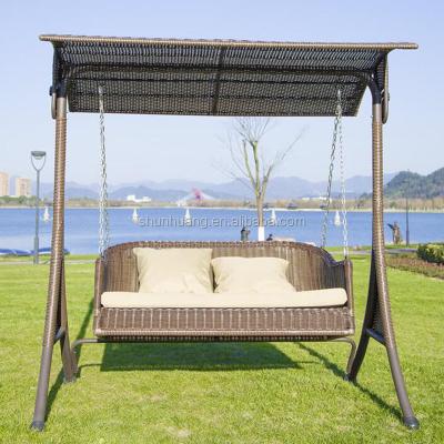 China Hot Sale Outdoor Furniture Metal Rattan Swing Chair 2 Seater Cushion With Canopy Garden Furniture for sale