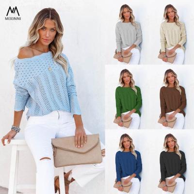 China MXN SF1175 Solid Color Cavity Pullover Breathable Women's Sweater, Lace Neck Knit Sweater For Women, Sexy Drop-the-Shoulder Sweater Women for sale