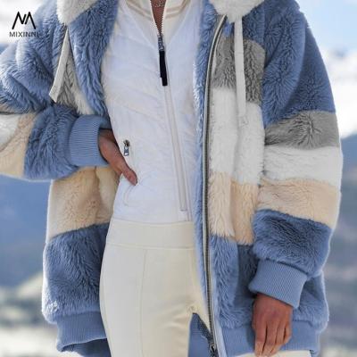 China MXN F-80160 Fashion winter warm women's breathable jacket, plush patchwork zipper women's coats, casual hooded loose jacket for women for sale