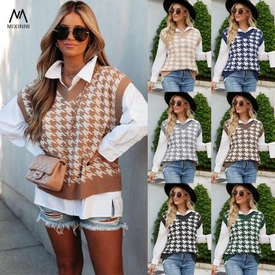 China MXN SF1177 Breathable Sexy Houndstooth Knit Sweater Women, Loose Vest Women's Sleeveless Sweater, Classic Fashion Women Soft Tops for sale