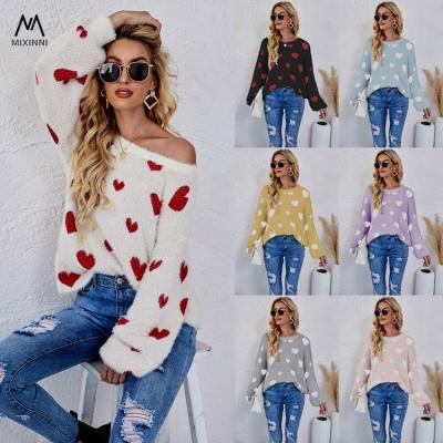 China Breathable Valentine Knitted Women Sweater, MXN SF1145 Heart Round Neck Knit Sweater Women, Long Sleeve Pullover Sweater For Women for sale