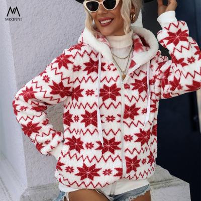 China Winter Viable 22004 Women's MXN Plush Mid Length Coat, Geometric Print Long Sleeve Hoodie For Women, Zipper Plush Coat For Women for sale