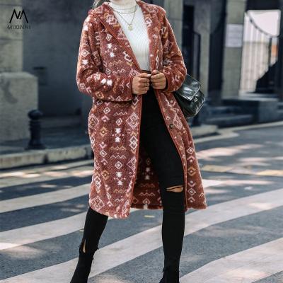 China MXN 22016 Hooded Long Sleeve Women's Cardigan Anti-Shrink, Single Breasted Long Plus Size Women's Coats, Fashion Print Plush Women's Jackets for sale