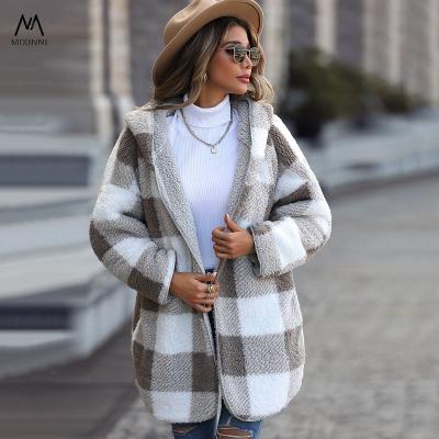 China MXN 22014 new anti-shrink casual plush for women, long sleeve hooded loose plush women, plaid bubble fleece women's jacket for sale