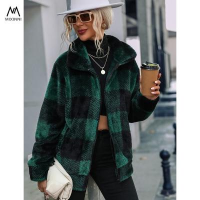 China MXN 2022091-1 Winter Sustainable Jacket For Women, Collar Long Sleeve Plaid Plush Zipper Mid Length Coat, Fleece Women's Double Sided Jacket for sale