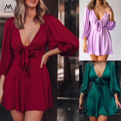 China MXN 2021828 Anti-wrinkle hot sale deep-neck women's dresses, summer casual dresses, women's elegant sexy bow women's evening dresses for sale